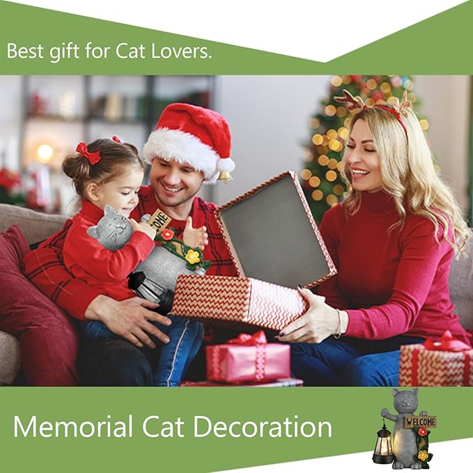 Solar Cat Statue with Solar Lantern-Outdoor Garden Décor, LED Lighted Kitty Figurine for Patio, Lawn,Yard-Valentine's Day, Birthday Gifts for Mom,Grandma,Cat Lovers