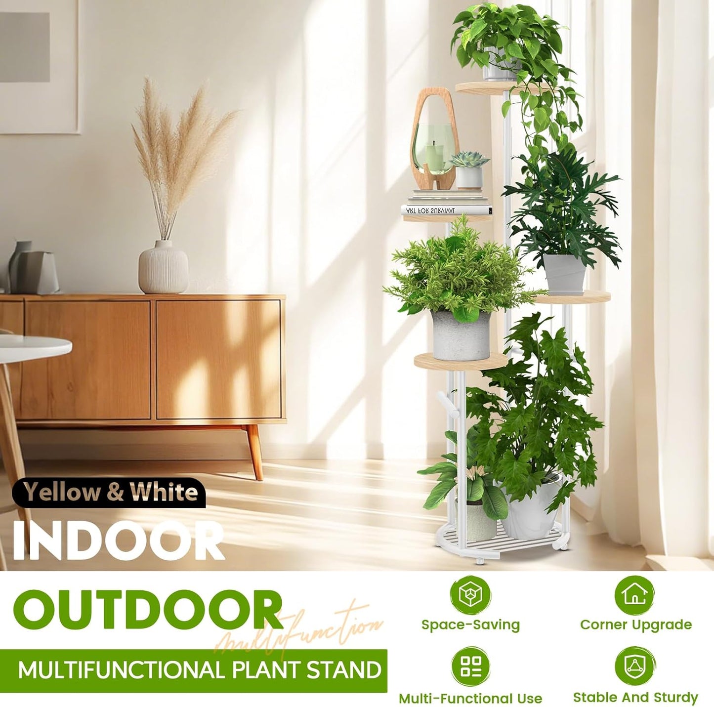 TOSKING 5 Tier Metal Plant Stand Indoor, Plant Shelf, Corner Shelf Flower Pot Stand for Outdoor Plant Stand for Living Room Balcony Garden Patio Bedroom (White and Wood, 42in)