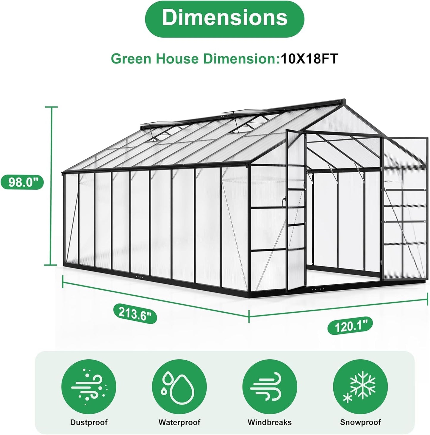 WKM 10x18 FT Greenhouse for Outdoors, Polycarbonate Greenhouse with Quick Setup Structure and Roof Vent, Enhanced Aluminum Green House for Garden Backyard, Black