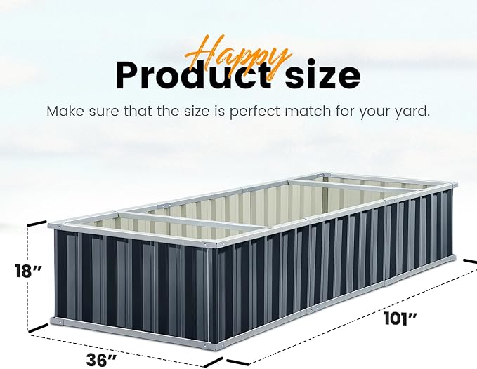 KING BIRD Galvanized Raised Garden Bed with 2 Installation Methods for DIY, 101" x 36" x 18" Heightened Planter Kit Box Outdoor for Deep-Rooted Vegetables, Flowers, Dark Grey