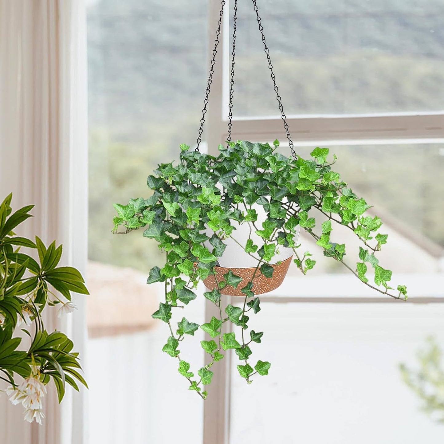 10/9/8 Inch Hanging Planter for Indoor Outdoor Plants, 3 Pack Self-Watering Hanging Pot with Drainage Holes Hanging Planter Baskets Plant Pots with Removable Tray (White+Brown)