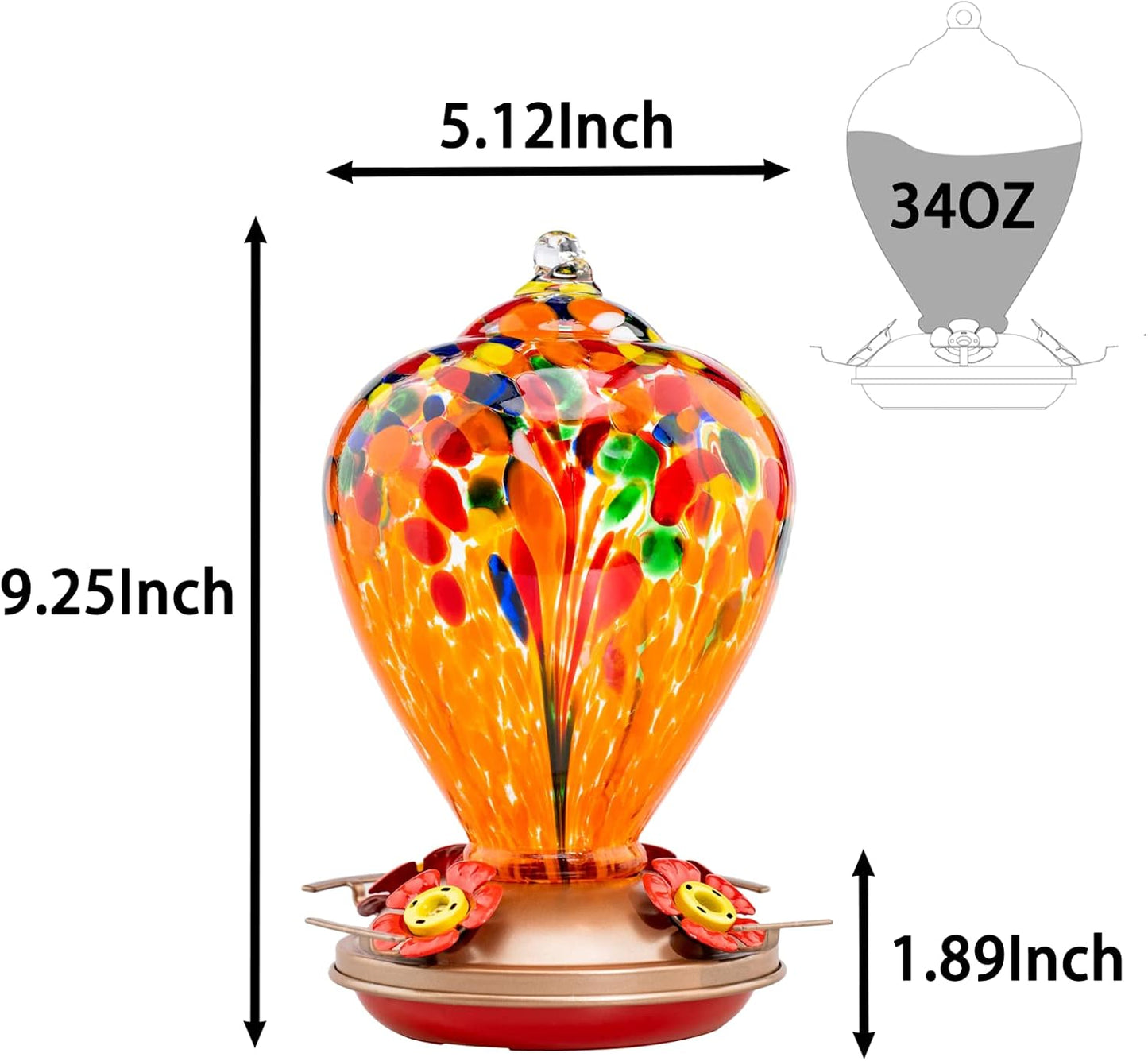 Muse Garden Hummingbird Feeders for Outdoors Hanging, Blown Glass Hummingbird Feeder Gifts for Mom, Garden Decor for Outside, Unique Gifts Idea for Women, 34OZ, Orange Fireworks