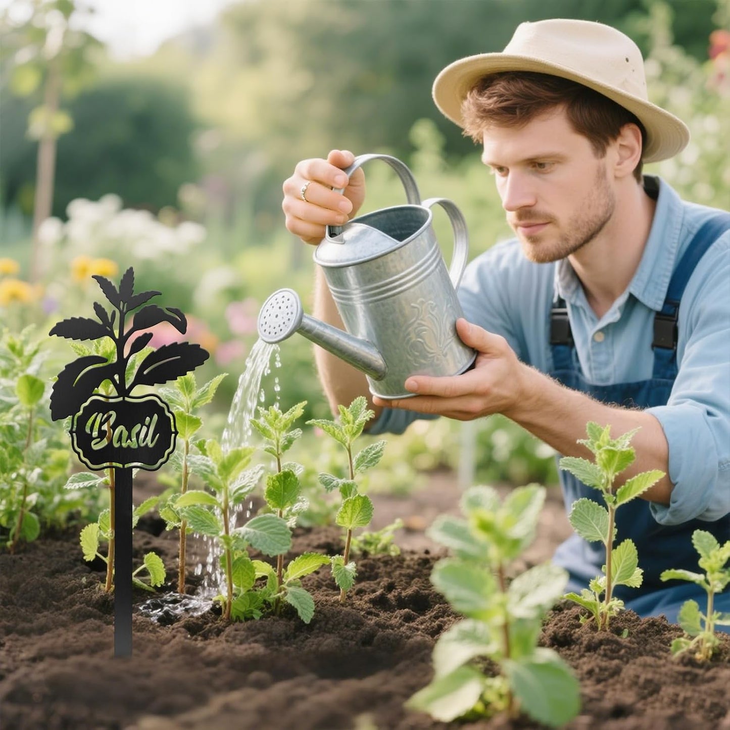 CUTHOLLOW Metal Plant Marker Stake Basil for Outdoor Indoor, Waterproof 11.8 inch Cute Garden Plant Labels Sign Tag for Vegetables, Farmhouse Greenhouse Decor - Funny Gardening Gifts