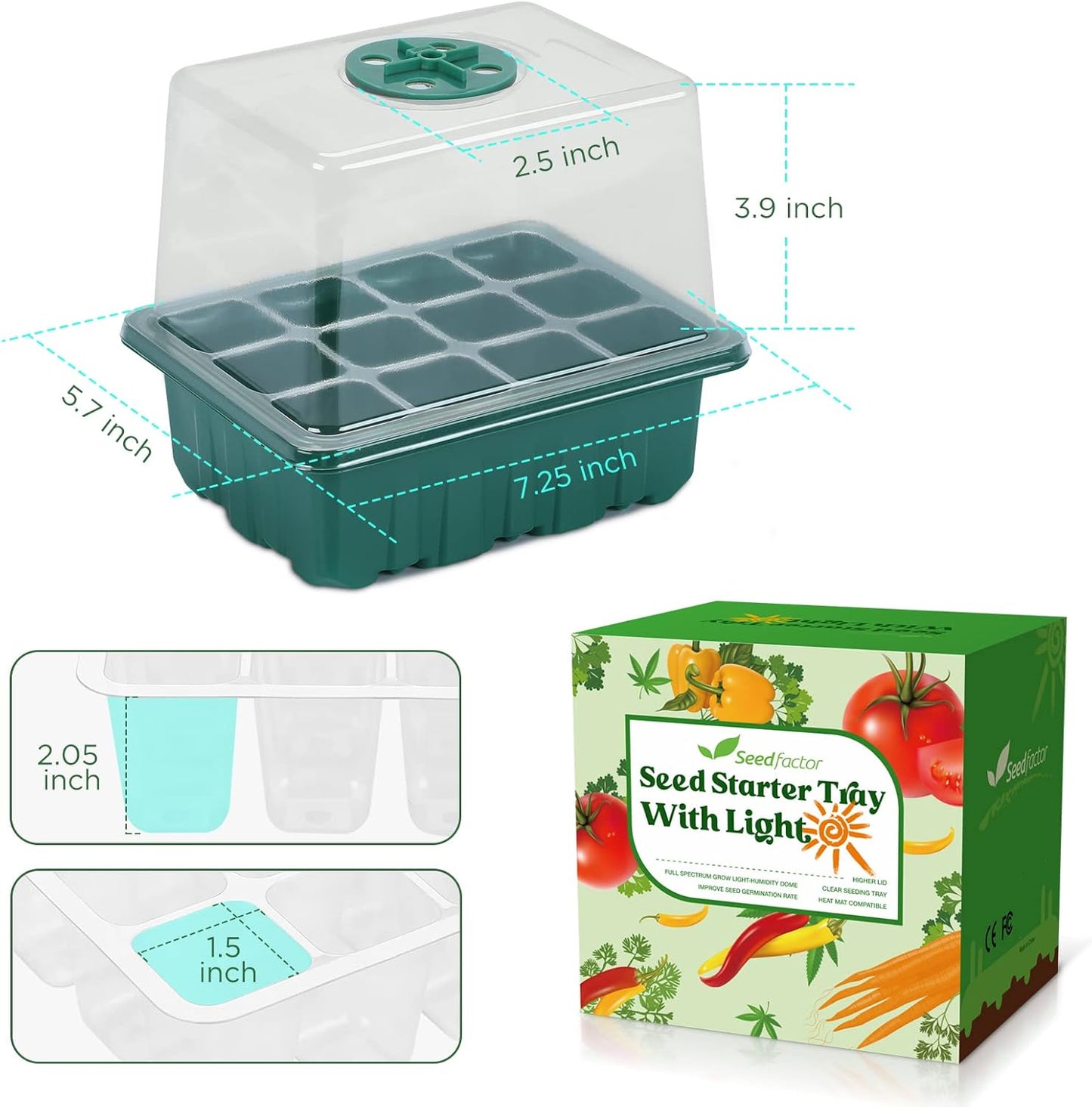 Seedfactor Seed Starter Tray with Light, 6PCS Seed Starter Kit with Grow Light, Seedling Starter Trays with Humidity Domes, Covers Height 3.9", Indoor Gardening Plant Germination Trays