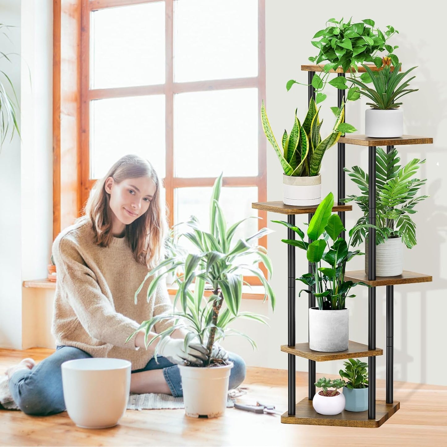 6 Tier Wood Tall Plant Stand Metal Rack Indoor, Multiple Flower Pot Holder Shelves Corner Rack, Planter Shelf Display Rack Storage Organizer for Patio Living Room Balcony Garden(Black)