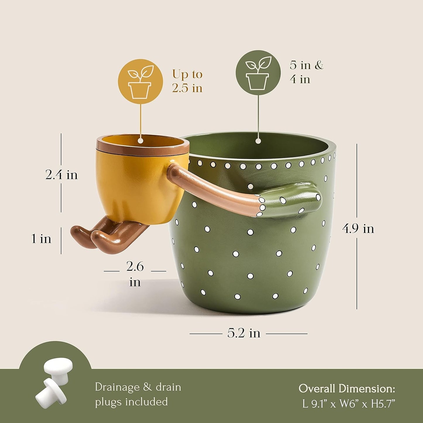 VIRTUNE Adorable Plant Pots. 5" Flower Pot & 2" Small Succulent Pot with Drainage. Small Plant Pots, Cute Pots for Plants, Succulent Planter (Green)