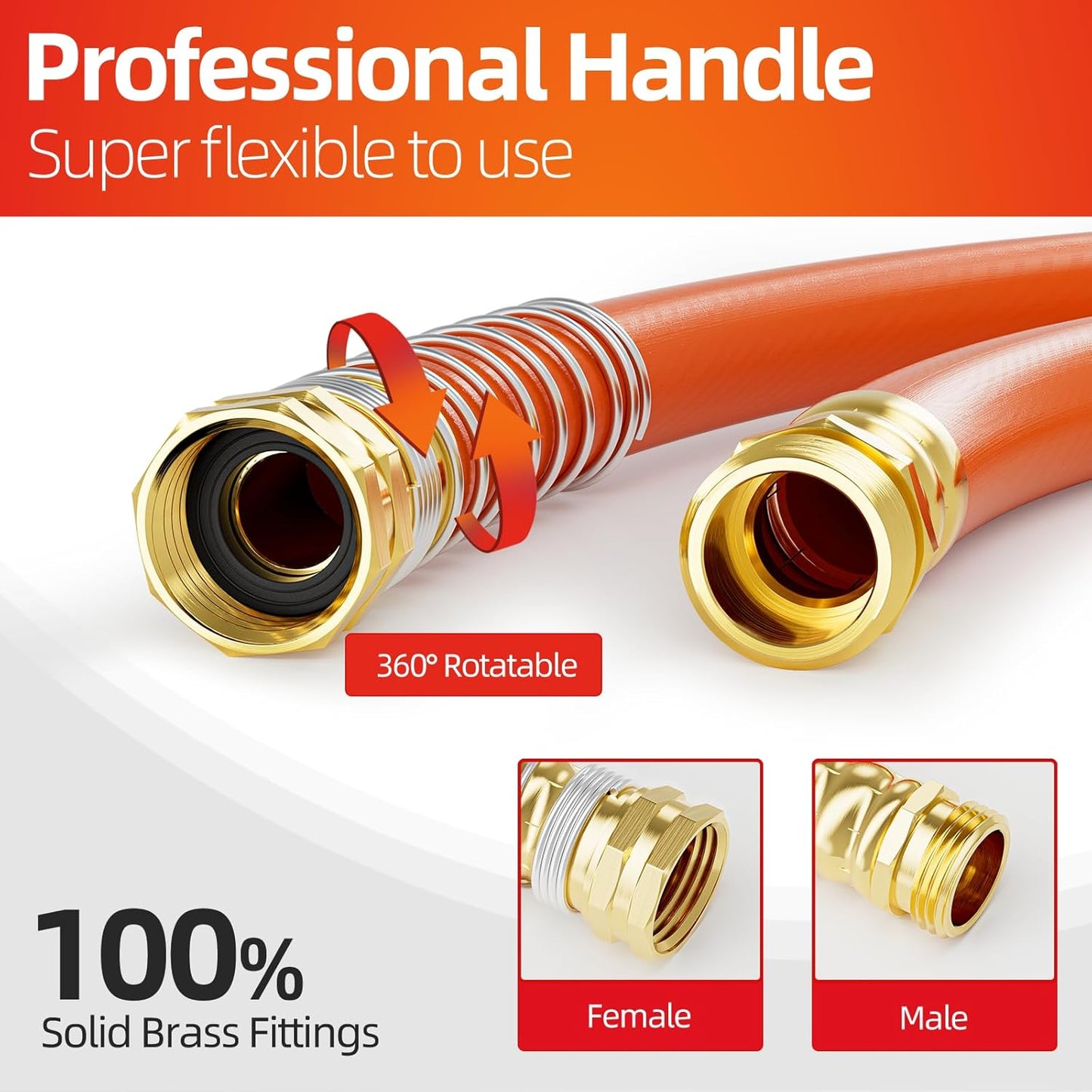 Garden Water Hose 100 ft x 3/4 in Heavy Duty, Flexible and Lightweight, Burst 600 psi, Kink-less Hybrid Rubber Pipe for Backyard, 3/4'' Brass Fittings, Orange
