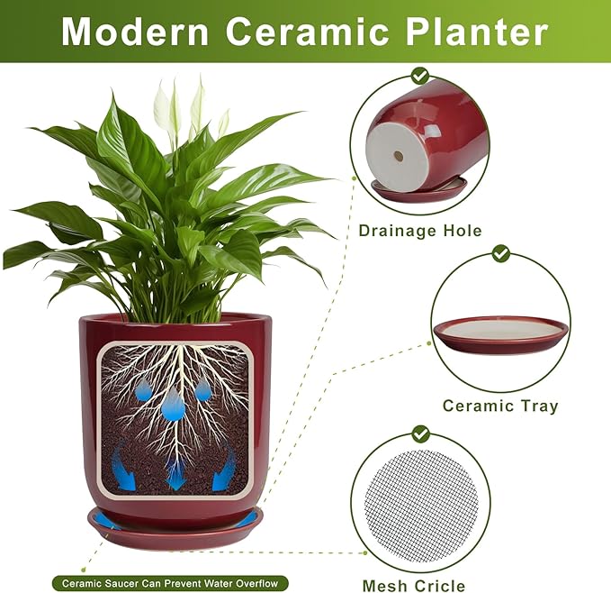 Ceramic Pots for Plants - 12 Inch Plant Pot Indoor with Drainage Hole and Saucer Large Planter Outdoor Flower Pot for Home Patio Office Decor Red