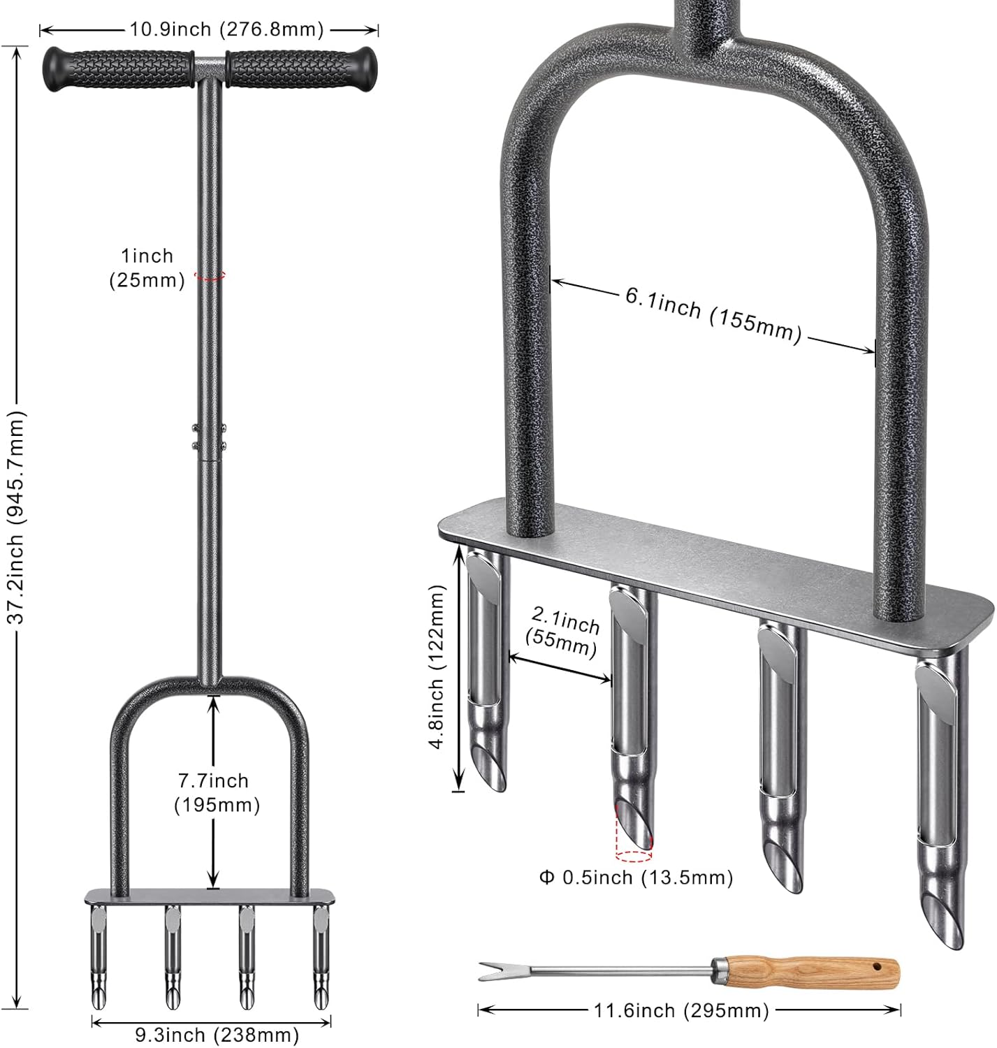 Dolibest Manual Aerator Lawn Tool, Manual Yard Plug Aerators with 4 Stainless Steel Semi-Open Plugs, Pre-Assembled Manual Grass Aerating Tool & Clean Hand Tool, Improving Lawn Health -37Inch