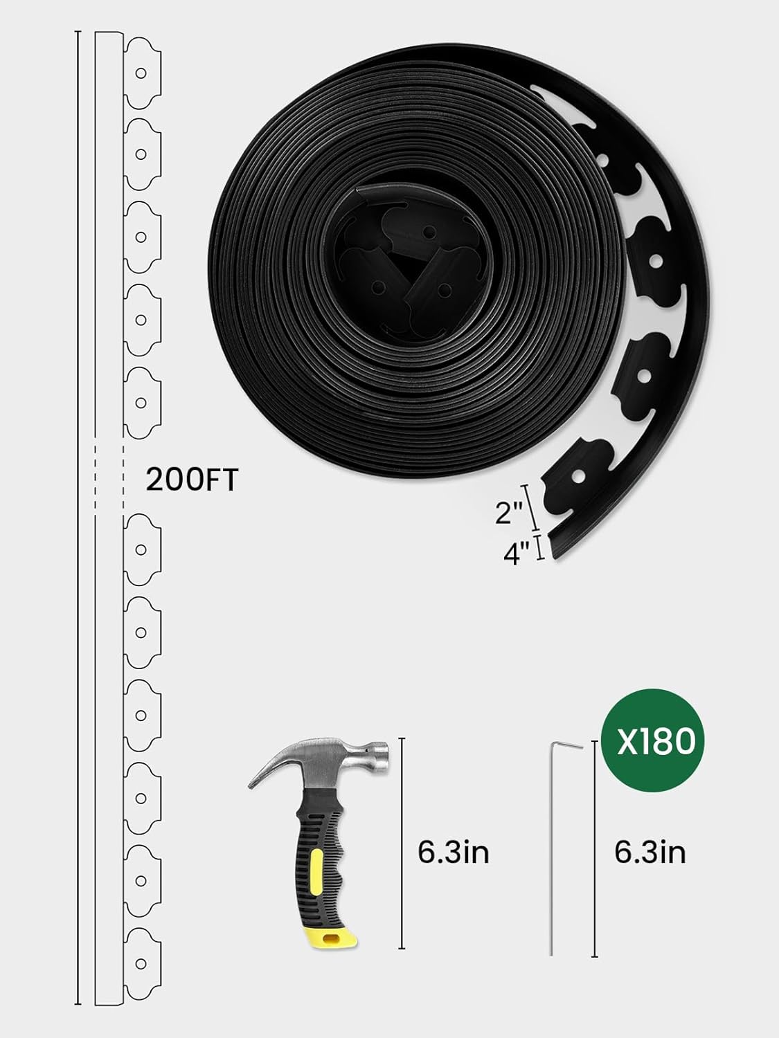 GROWNEER 200FT Landscape Edging Flexible 4 inch Tall Garden Border with 180pcs Galvanized Steel Anchoring Spikes and Hammer Lawn Edging Kit for Flower Bed, Pathway, Landscaping Project, Black