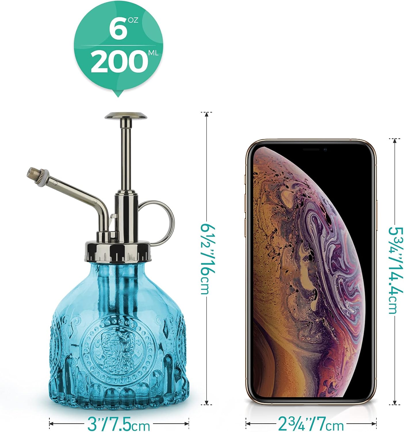 T4U Glass Plant Mister 200ML, Vintage Spray Bottle with Top Pump, Fine Mist Garden Flower Sprayer Small Decorative Spritzer Watering Can Gift for Indoor Outdoor Succulent House Plant (Aqua Blue)