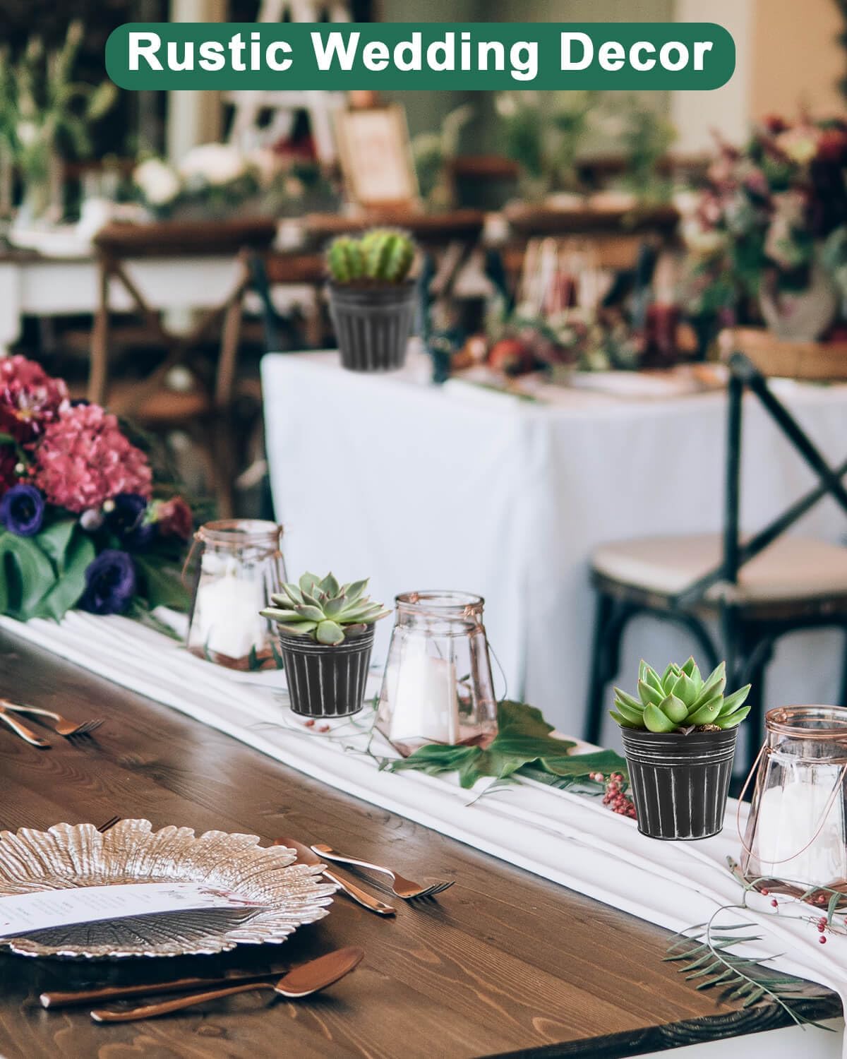 vensovo 4 Inch Black Metal Rustic Flower Pots - 6Pcs Small Galvanized Planters with Drainage Hole and Rubber Plug, Rustproof Metal Bucket Plant Pots Farmhouse Vintage Style for Decor