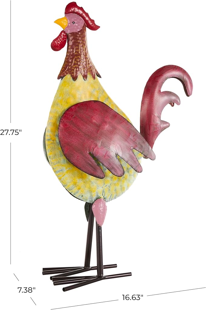 Deco 79 Metal Rooster Decorative Garden Sculpture Textured Garden Statue with Red Accents, Outdoor Sculpture 7" x 17" x 28", Black