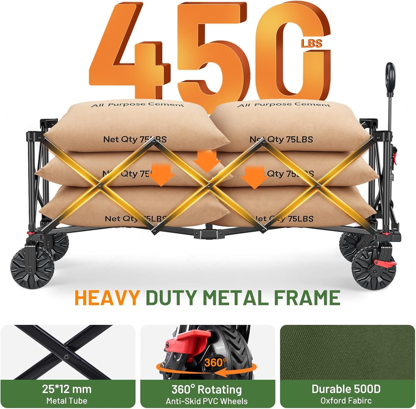 Timber Ridge 51.2'' Extended Collapsible Wagon Cart with Brakes and Cargo Net, Heavy Duty Foldable Utility Wagon with Adjustable Handle, 400L Capacity Portable Cart for Camping Sports Shopping