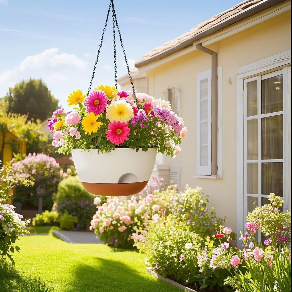 Hanging Planter for Indoor Plants, 10 Inch Self-Watering Hanging Planters with Drainage Holes and Chain, Set of 2 Outdoor Hanging Pots for Garden Home