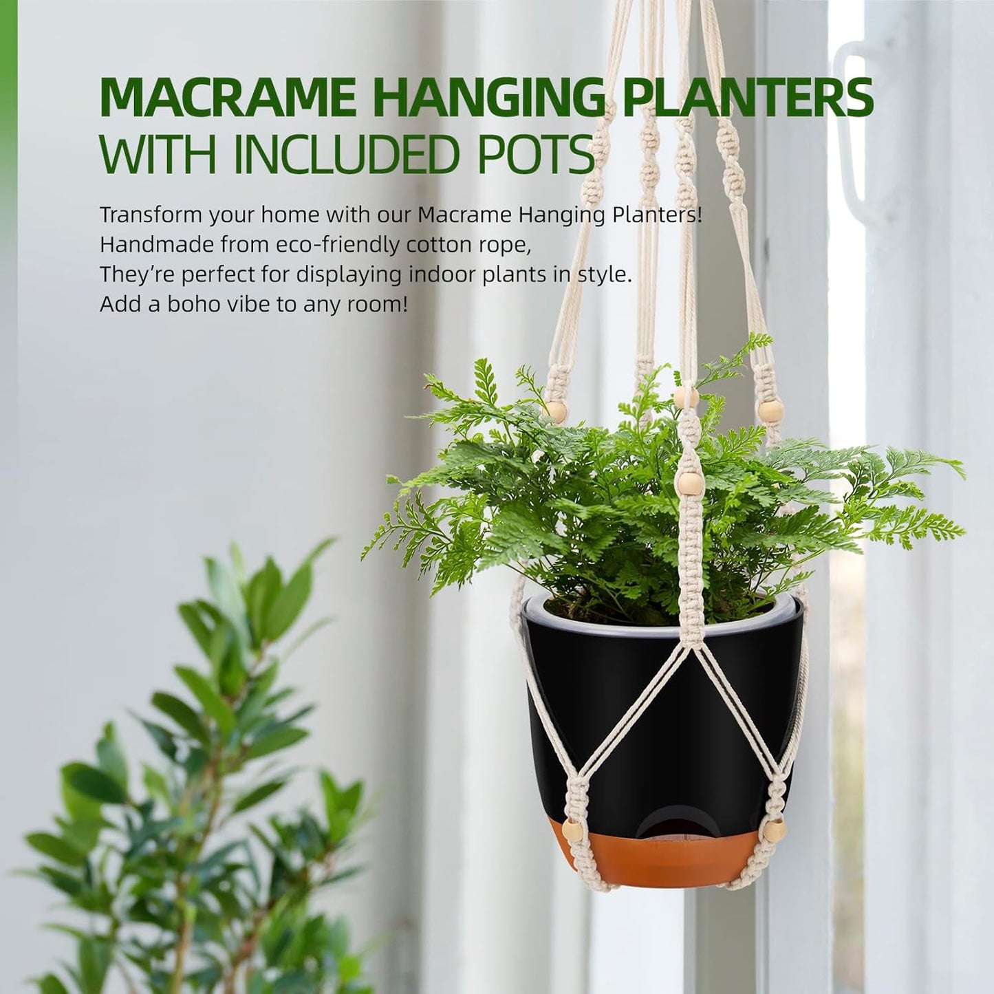 2-Pack Self-Watering Hanging Planters for Indoor & Outdoor Plants,34-Inch macrame hanger plant pots indoor with drainage,5.7-Inch Small Hanging Planters & Baskets in Black,With two sets of hooks