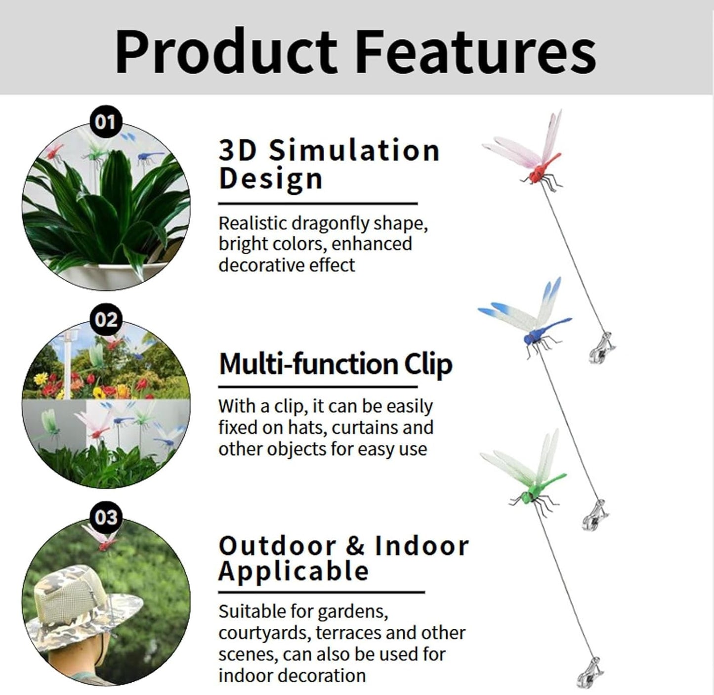 Indoor & Outdoor Fake Dragonfly Rod Clip,Dragonfly Clip Bug Repellent, 3D Dragon Fly Garden Stakes & Hat Simulation Decor, Garden Bird and Fly Scare Devices (4PCS-Mixed)
