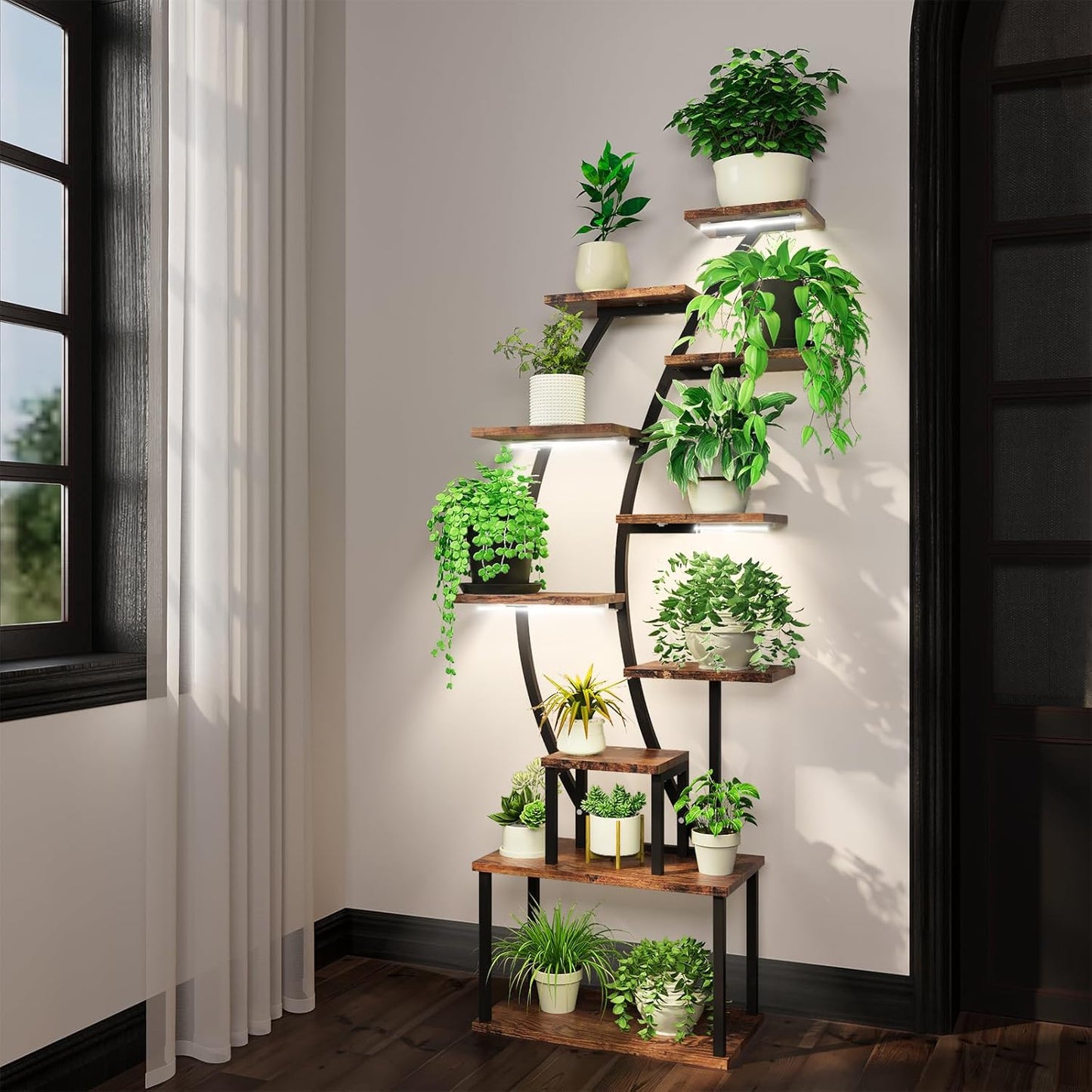 Plant Stand Indoor with Grow Lights, 9 Tiered Indoor Plant Shelf, 63" Lighted Corner Plant Stands for Indoor Growing, Large Flower Holder for Living Room, Balcony, Black