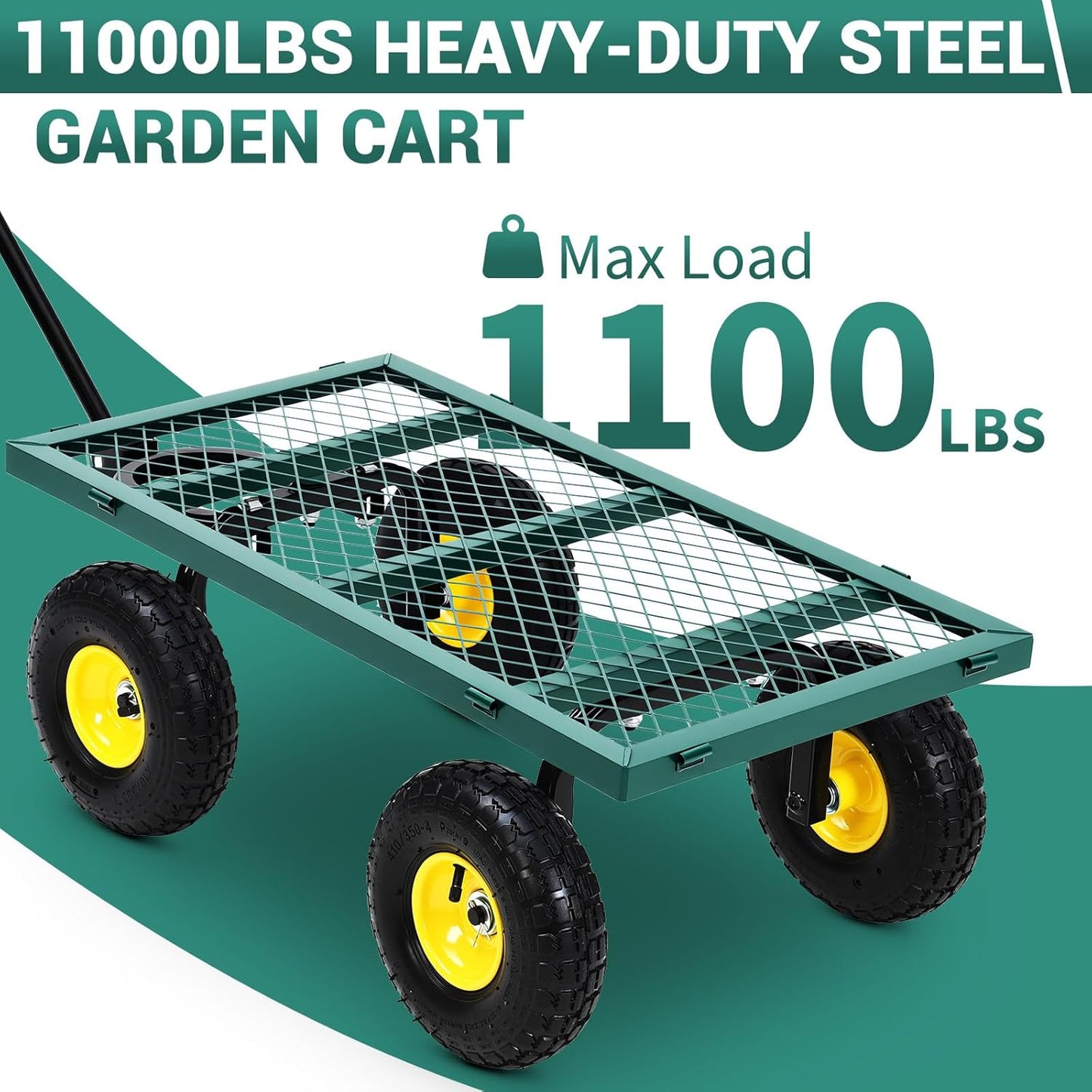 Heavy Duty Steel Garden Cart, 1100LBS Pullable Metal Garden Wagon with 10" Wheels, 180° Rotating Handle and Removable Sides for Outdoor, Farm, Yard, Beach 