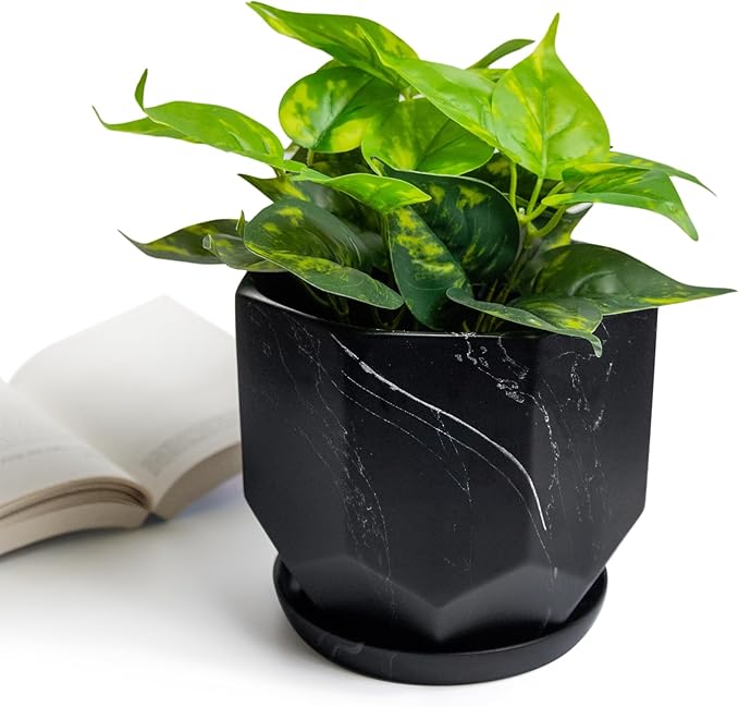 Large Marble Black Plant Pot with Drainage Holes and Saucers, Ceramic Pots for Indoor Outdoor Plants, 7 Inch Premium Hand Glazed Planters for Flower, Garden, Succulent, Nursery, Home Decor