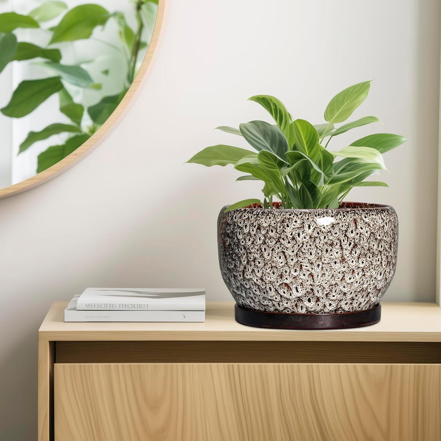 SQOWL Ceramic Plant Pots - 10 Inch Planter for Indoor Plants Outdoor, Large Flower Pots with Drainage Hole and Saucer, Decorative Round Planter, Apartment Decor, Garden Gifts for Women, White