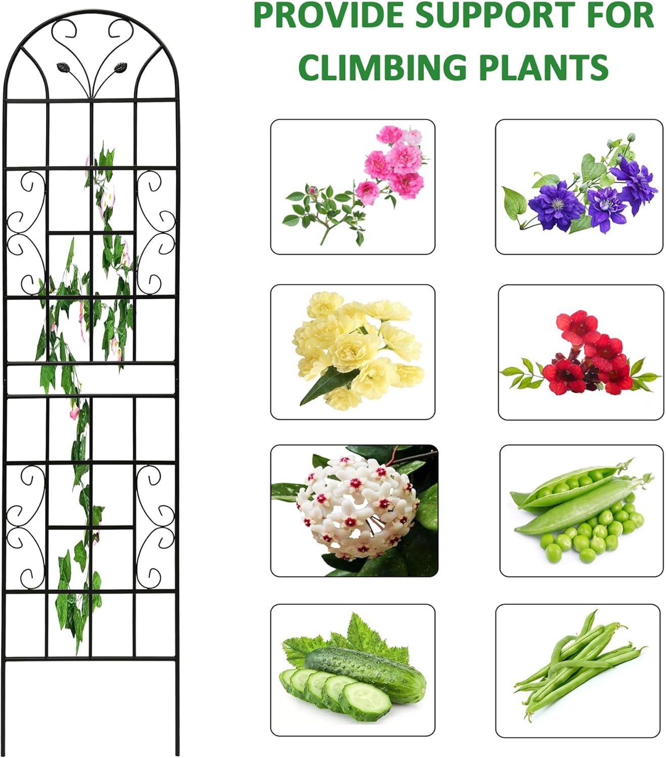 8 Pack Metal Garden Trellis for Climbing Plants, 86.7" Tall Rustproof Outdoor Trellis Panel with Vine Lines Design, Decorative Black Iron Plant Support for Vine, Rose, Flower, Garden Wall