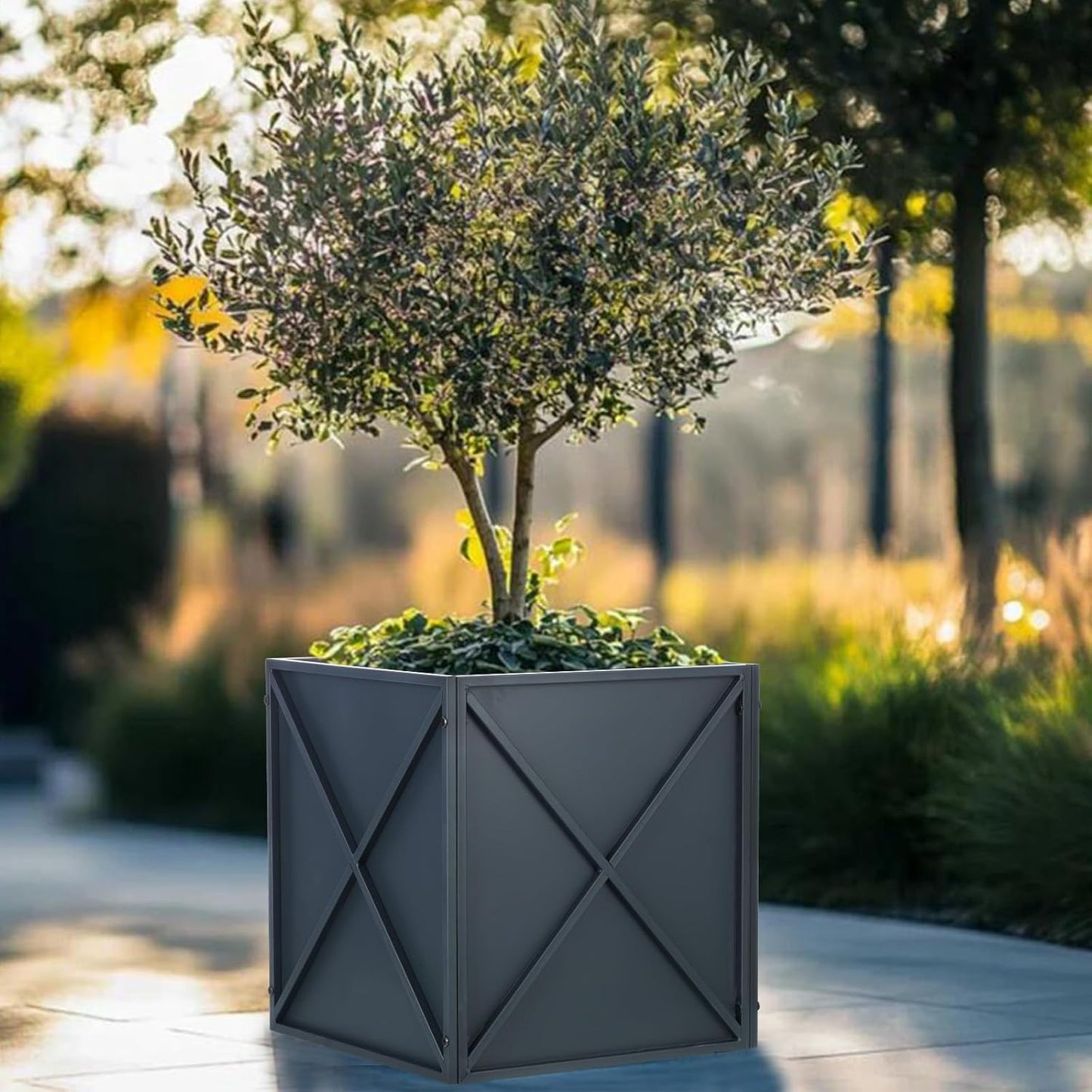 BAYN Metal Square Planter Box Tall Planters for Outdoor Plants Modern Heavy Duty with Drainage Holes for Outside Indoor Patio Deck - Grey, 17”x 17”x 18”
