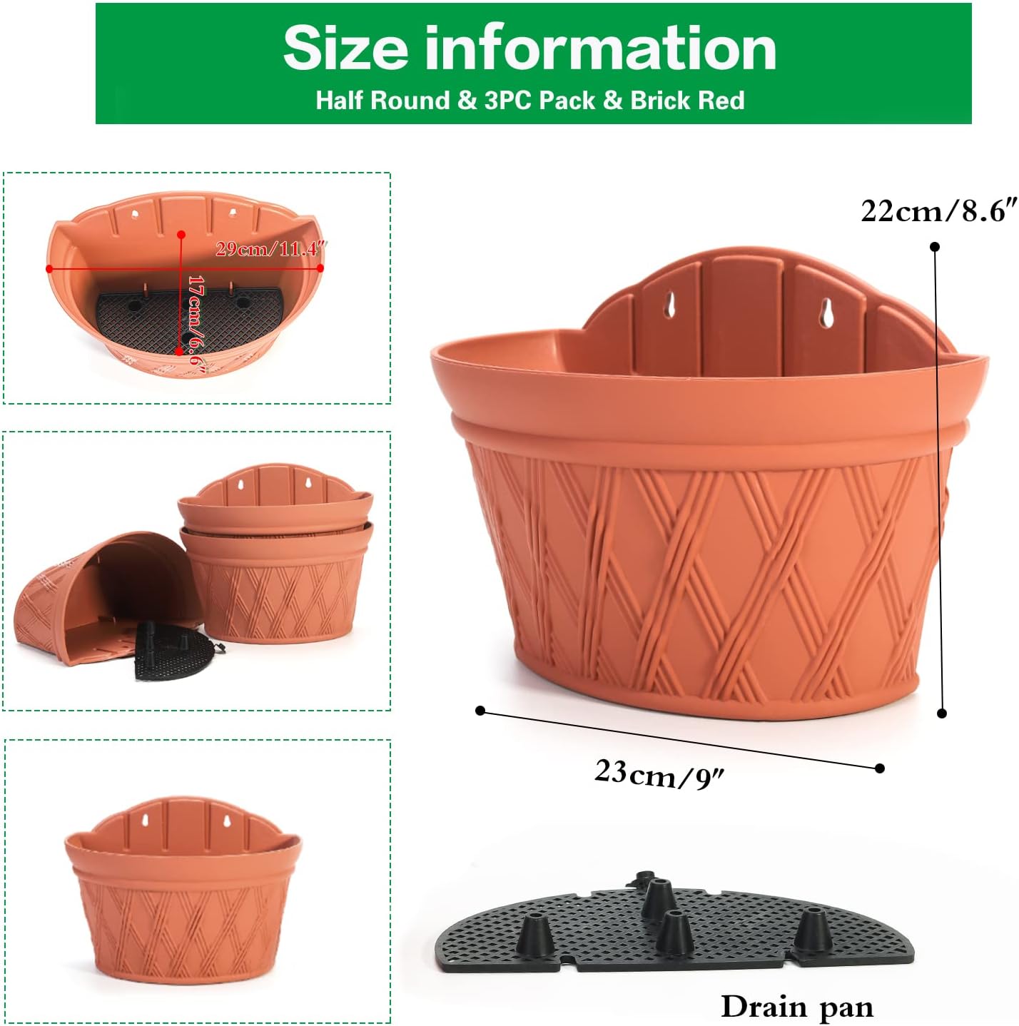 Sungmor Wall Hanging Planters,11.5 Inch Hanging Flower Pots for Railing Fence - Indoor Outdoor Balcony Wall Hanging Basket, Plastic Plant Pot Container - Half Round & 3PC Pack & Brick Red