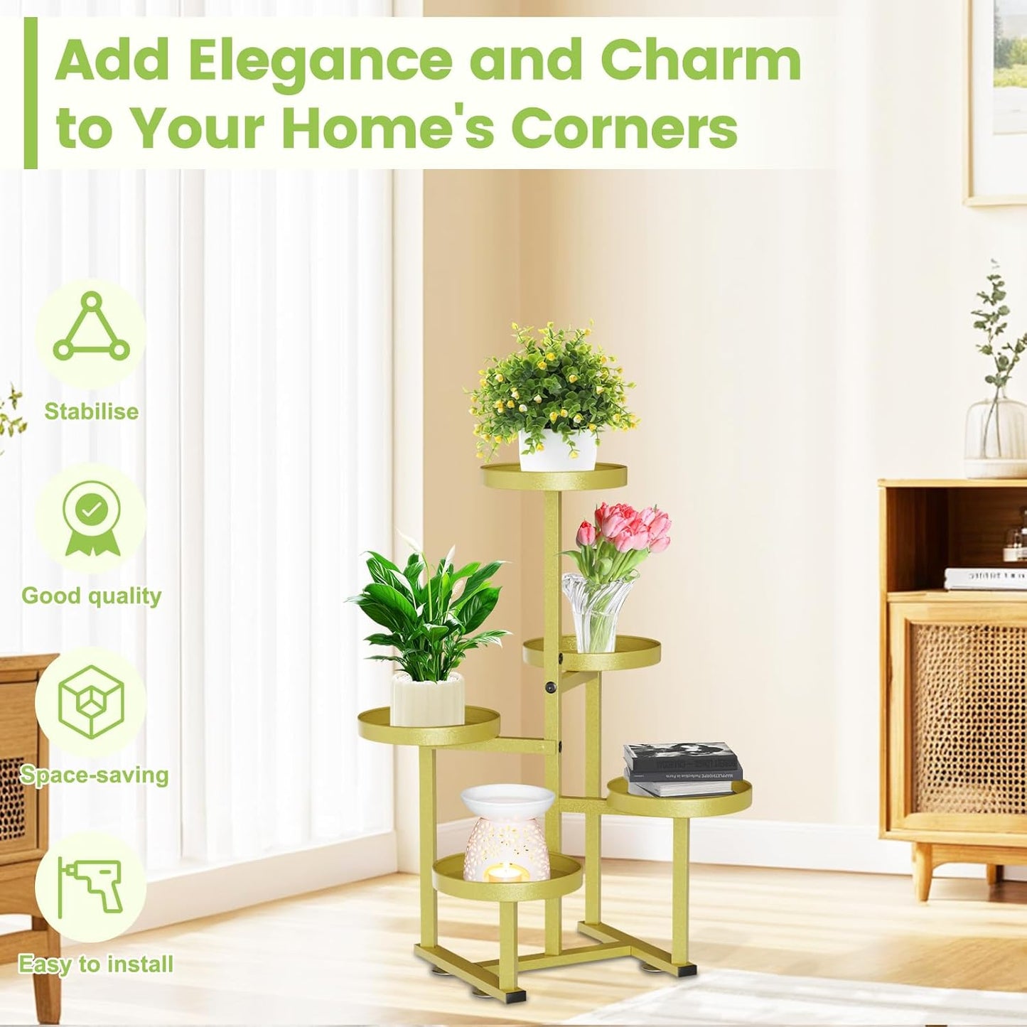 5 Tier Gold Plant Stand Indoor Outdoor, Corner Metal Tiered Plant Shelf for Multiple Plants, Flower Pot Holder Display Rack Shelf for Window Porch Garden Home Decor