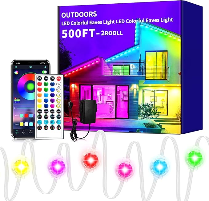 500ft Permanent Outdoor Light,RGB Eave Lights Music Sync IP67 Waterproof Outdoor Eave Lights Lighting, can be Used for Garden,House,Party,Holiday Decoration(2 Rolls of 250ft)
