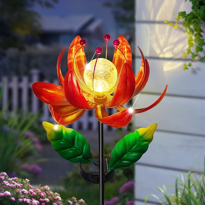 Solar Lights Outdoor Wind Spinners, Metal Lotus Flower Garden Decor with Waterproof LED Crackle Glass Globe for Patio Lawn Yard Outdoor Decor