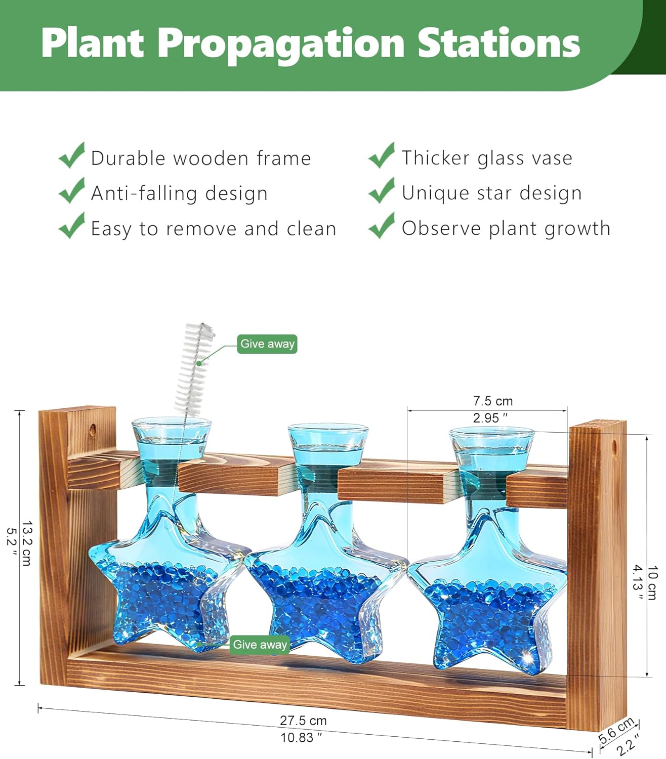 Nacome Plant Terrarium with Wooden Stand,Star-Shaped Planter Propagation Station Glass Vase for Home Office Decor- Unique Gifts for Plant Lovers Women Mom(Blue)