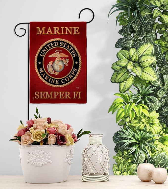 Marine Corps Burlap Garden Flag - Set with Stand Armed Forces USMC Semper Fi United State American Military Veteran Retire Official - House Banner Small Yard Gift Double-Sided Made In USA , Garden Flag 13"x 18.5"