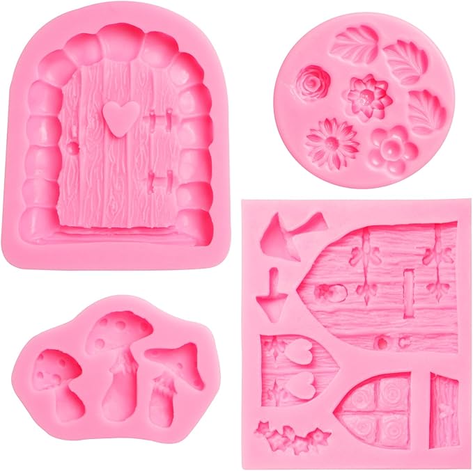 Fairy Garden Door Silicone Molds, Enchanted Vintage Gnome Home Window Door Fondant Molds, Mushroom Flower Leaf Chocolate Baking Molds for Cake Decoration Cupcake Topper Candy Clay Resin