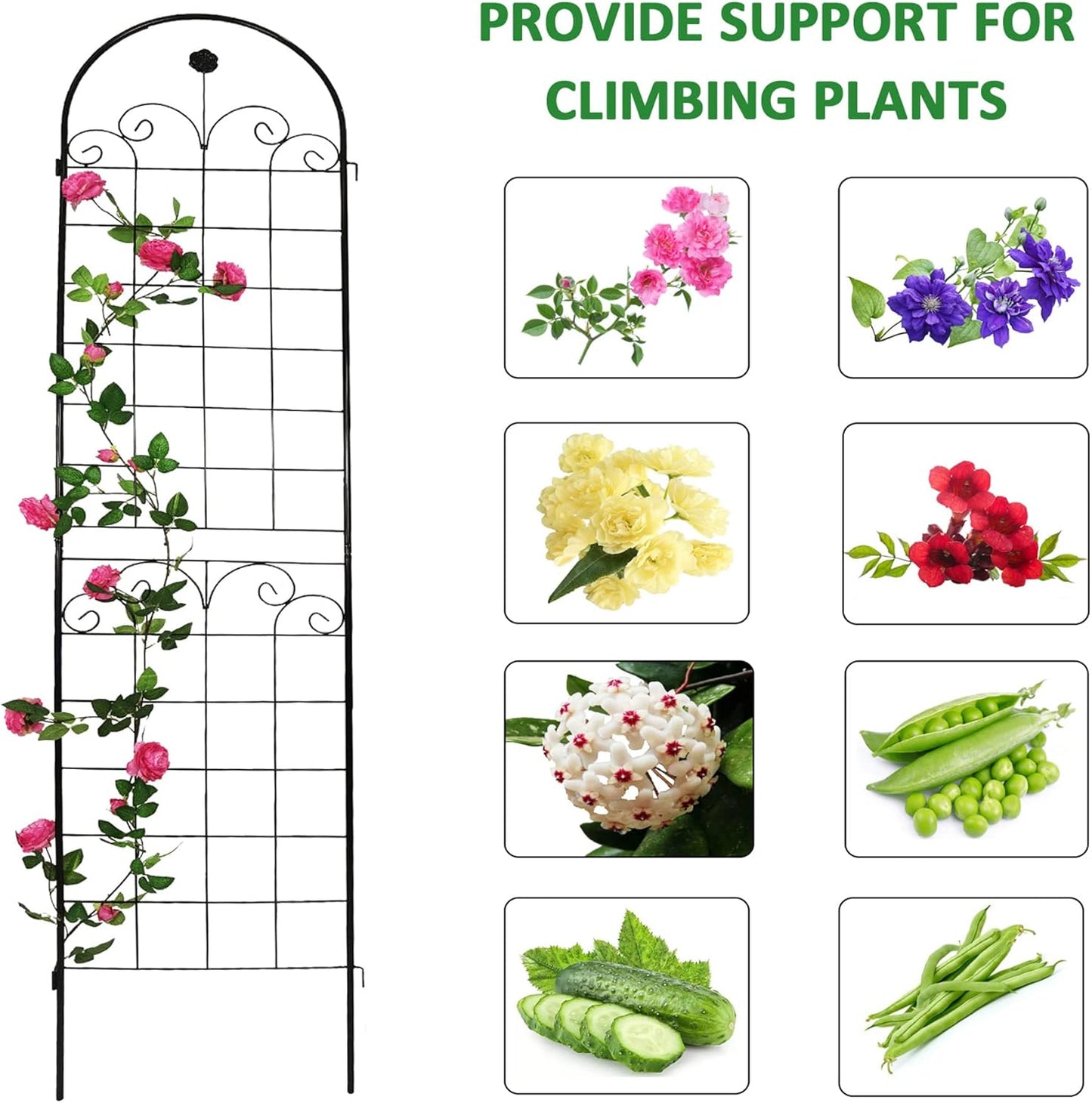 6 Pack Metal Garden Trellis for Climbing Plants, 86.7" Tall Rustproof Outdoor Trellis Panel w/Curly Grass Design, Decorative Black Iron Plant Support for Vine, Rose, Flower, Garden Wall