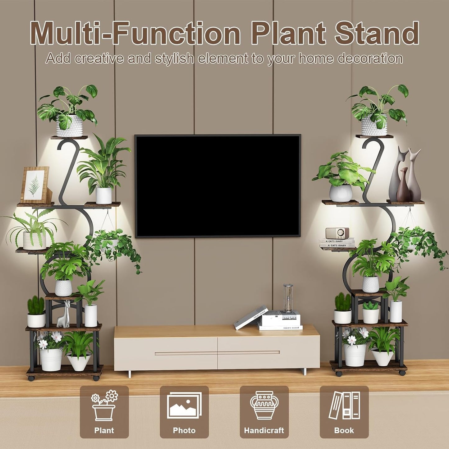 Plant Stand with Grow Lights, 8 Tiered 64" Corner Plant Stand, Metal Plant Shelf Indoor with Wheel, Large Plant Stands, Flower Rack Display for Living Room, Garden, Patio-Thick 1.2MM Steel Frame