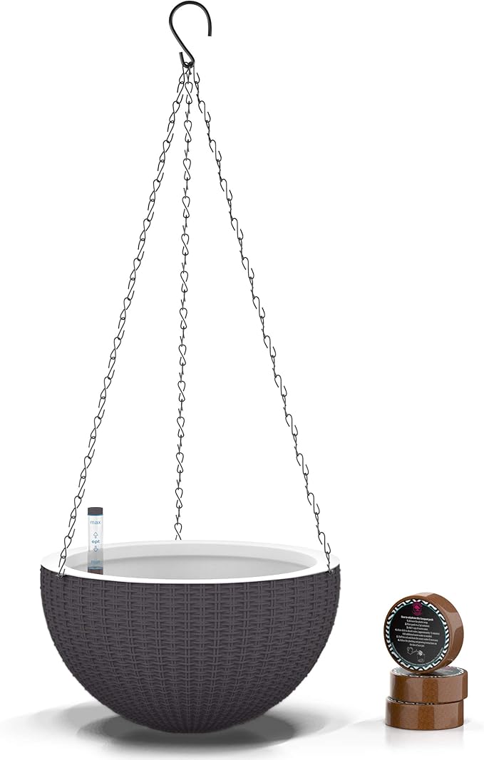 GARDENIX DECOR 11'' Self Watering Hanging planters for Indoor Plants - Flower Pot with Water Level Indicator for Plants, Hanging pots - Self Watering Planter Plant Pot-Coco Coir - Round 1 Pack - Gray