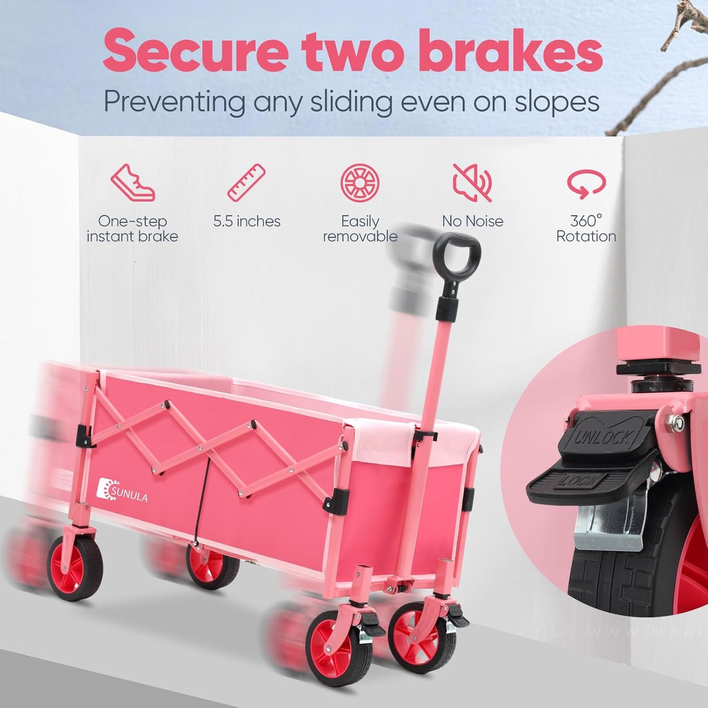 Wagon with Brakes, Foldable Cart with 220LBS Capacity, Utility Lightweight Wagon, Collapsible Grocery Shopping Cart for Camping Sports & Holiday.Pink