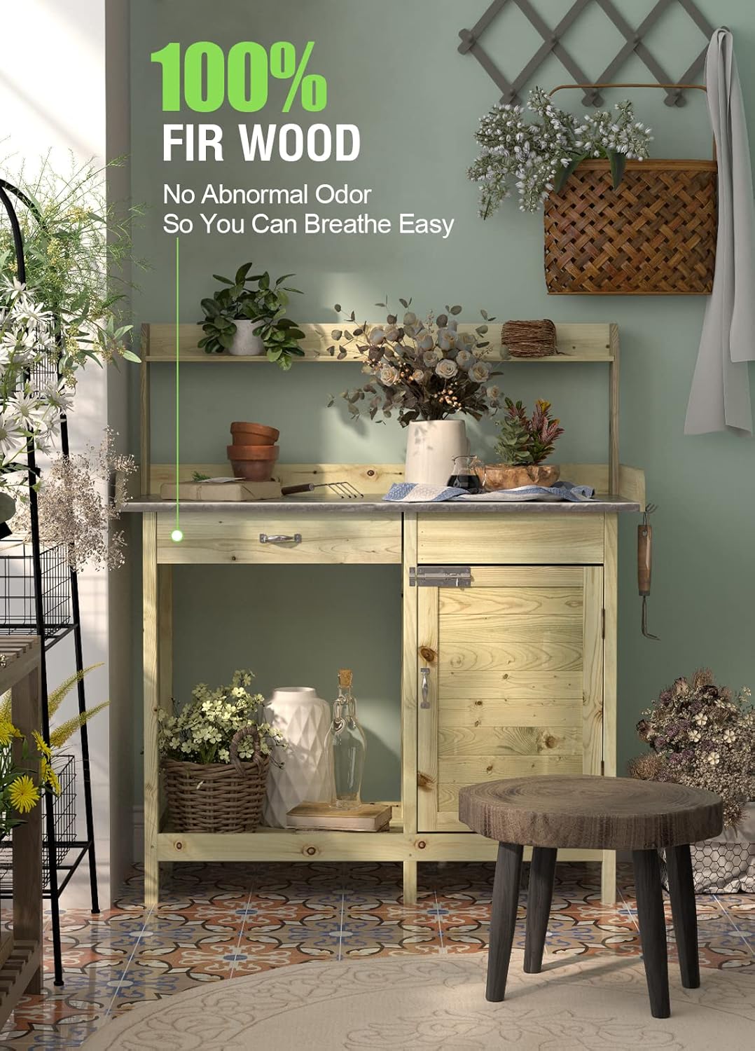 ARNOT Potting Bench,Outdoor Potting Bench Table with Sink and Storage Shelves, Wooden Garden Workstation for Gardening Tools, Planting, and Repotting – Natural Fir Wood (44” x 18” x 49.5”)