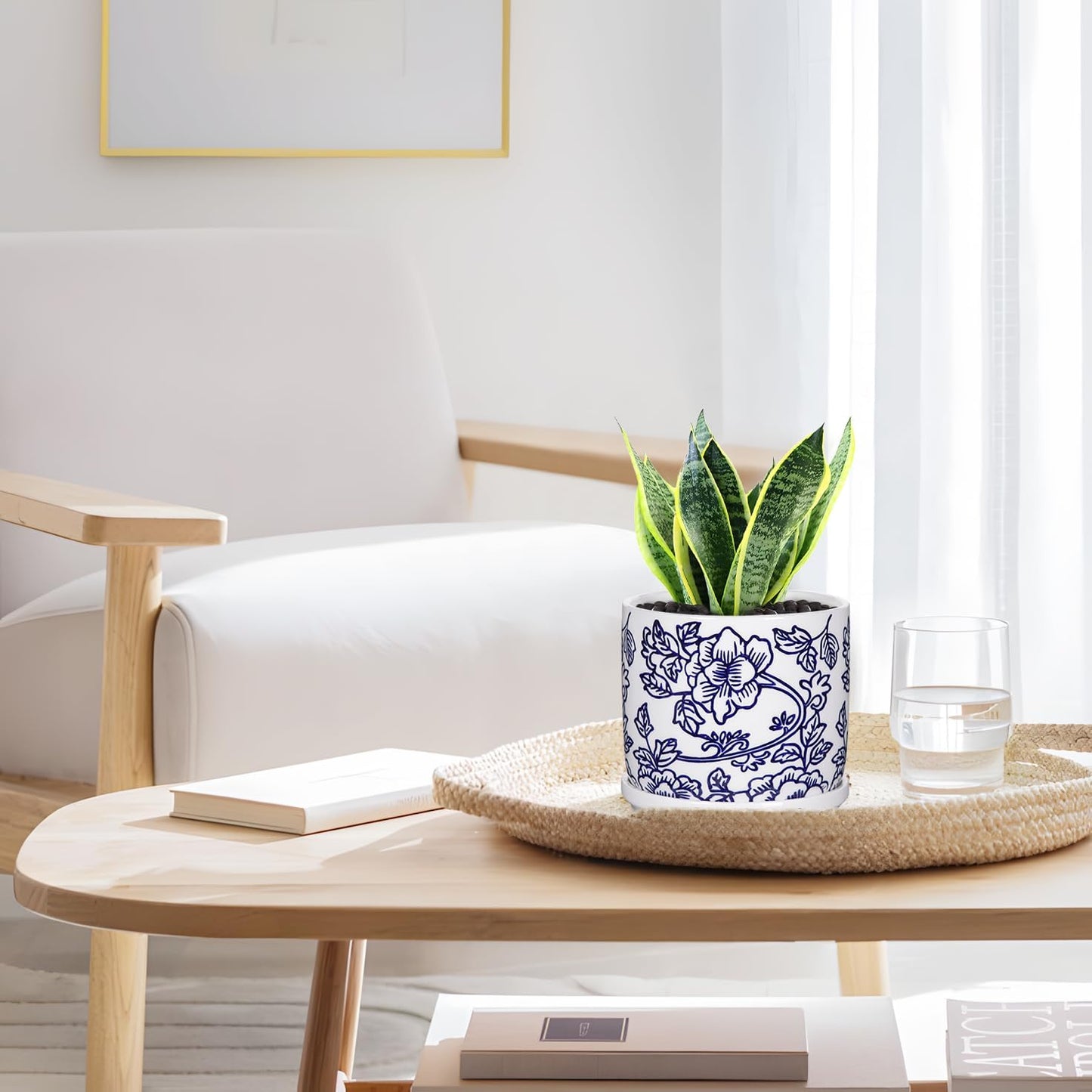 Set of 2 Blue and White Ceramic Plant Pots with Drainage Hole and Saucers, Retro Blue Porcelain Vase Round Planters for Succulent Cactus Indoor Outdoor Garden Home Desktop Decor, 4.5+5.5 Inch