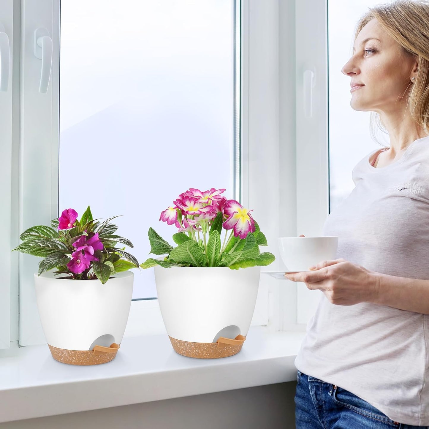 Plant Pots 8/7/6.5/6/5.5/5 Inch Self Watering Pots, Set of 6 Plastic Planters with Drainage Holes and Saucers,Plastic Flower Pots,Nursery Planting Pot for Indoor Out Door Plants(White)