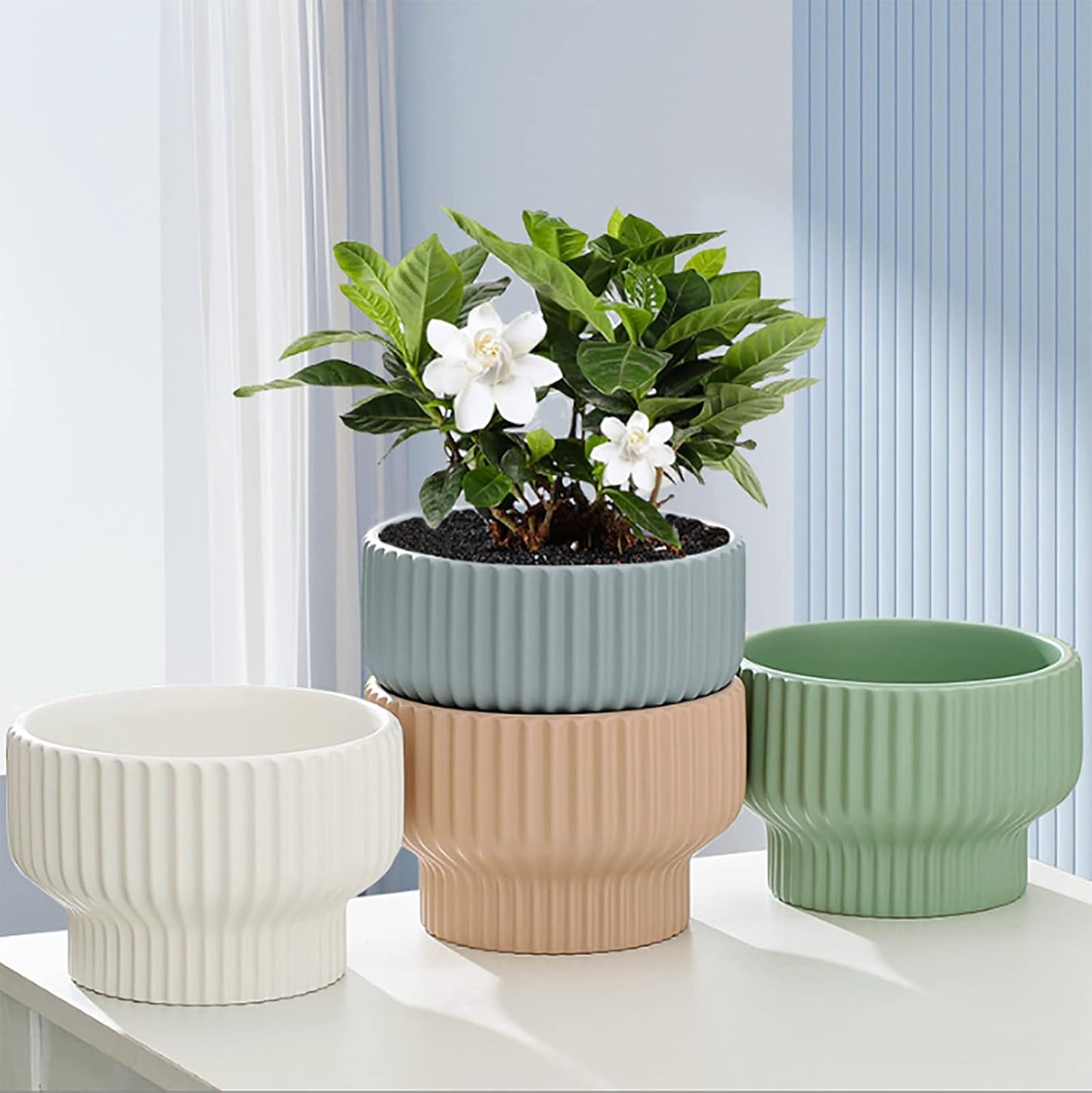 Puoyik 2 Piece Set of Flower Pots 8/6 inches, Ceramic Flower Pots with Drainage Holes, Indoor and Outdoor Plant Flower Planter (7.8/5.9 Green)