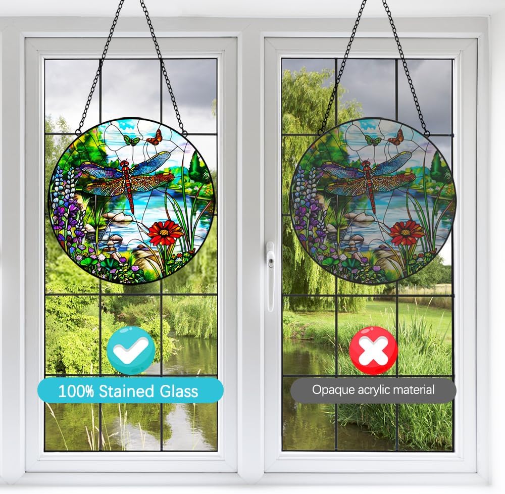 Dragonfly Suncatcher Stained Glass Window Hanging - 8″ Handmade Stained Glass Suncatchers for Windows Hanging - Sun Catchers Indoor Wall Art Catcher for Home Garden Decor -Birthday Gift for Women Men