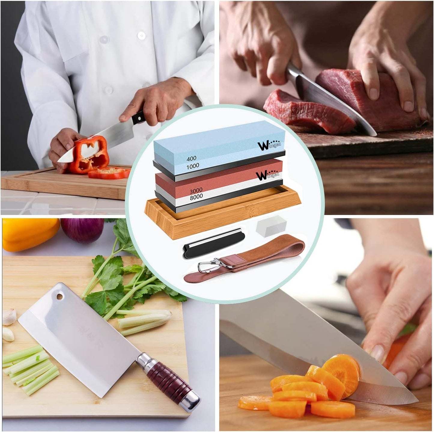 Wucgea Knife Sharpening Stone Kit - 400/1000 3000/8000 Grit Japanese Whetstone Sharpener set with Non-slip Rubber Base Angle Guide Flattening stone and Leather Strop…