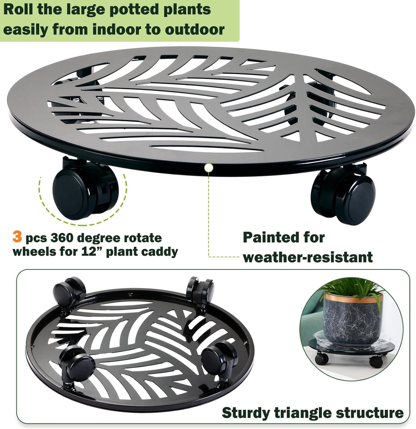 2 Packs Large Metal Plant Caddy with PU Wheels 13.6" Heavy-duty Wrought Iron Rolling Plant Stands Indoor Outdoor Wheeled Plant Dolly Planter Mover Rollers Plant, Leaf Style