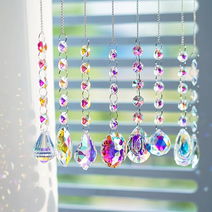 KANPURA 9 PCS Crystal Rainbow Suncatchers, Hanging Crystals Sun Catchers with Chain for Windows, Colorful Suncatcher Prism Pendant Hanging Crystals for Home Wedding Decor