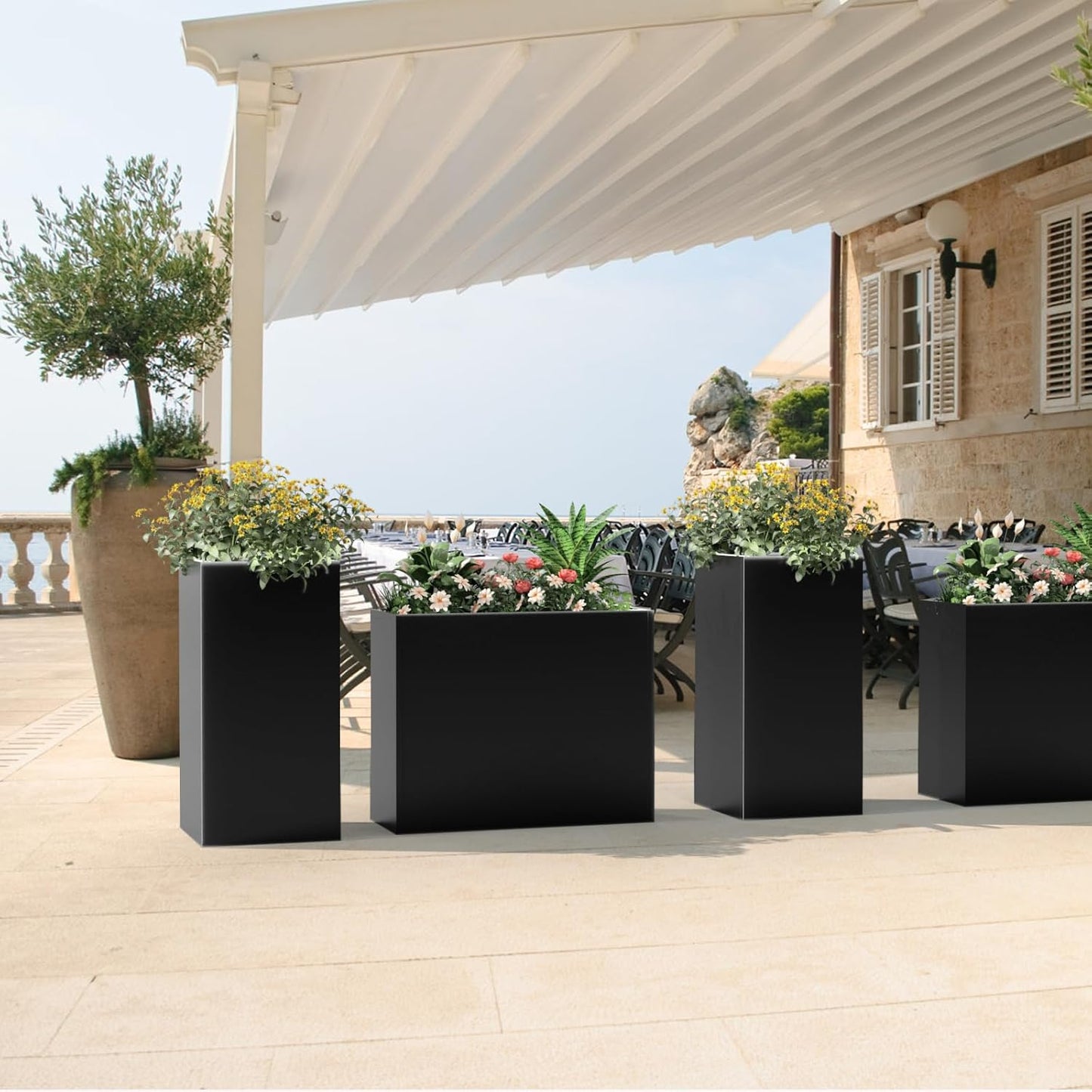 Tall Metal Planter Box for Outdoor Plants 30" L x 12" W x 24" H, Heavy Duty Steel Large Planter Box with Removable Insert Shelf, Modern Décor for Tall Plants, Trees, Flowers (Black)