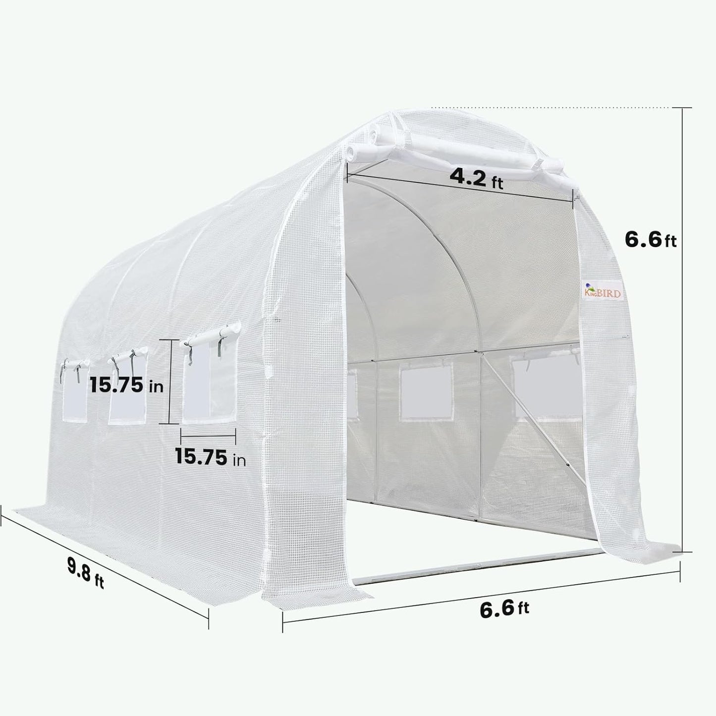 KING BIRD Premium 10x6.6x6.6FT Greenhouse for Outdoors, Large Walk-in Heavy Duty Galvanized Steel Frame, Mesh Door Screen Window Upgraded Zipper Tunnel Hoop for Garden Plant Winter, White