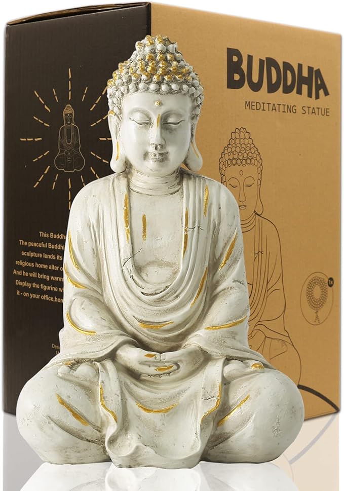 Goodeco 11.4 Meditating Zen Buddha Statue Figurine Sculpture - Indoor/Outdoor Decor for Home,Garden,with Natural Wood Beaded Necklace,Polyresin (White)