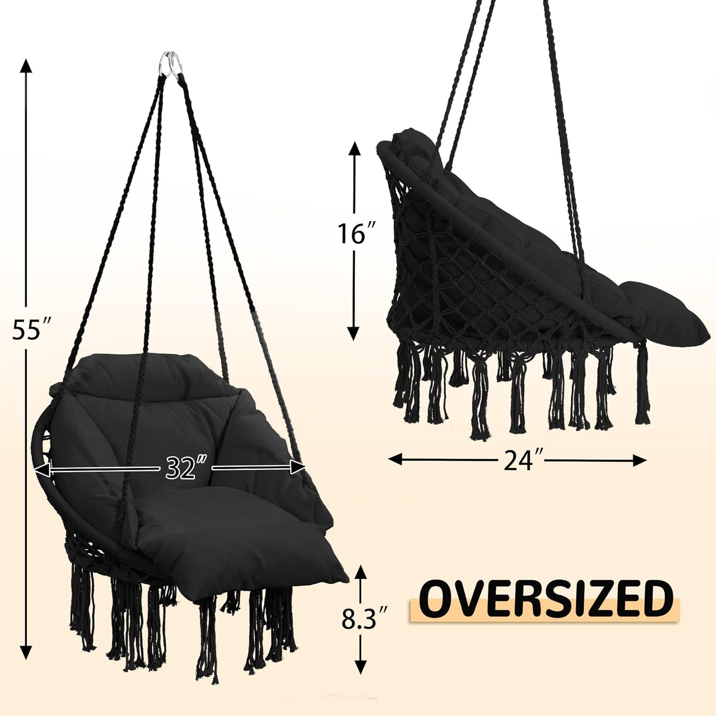 Macrame Hammock Hanging Swinging Chair with Oversized Cushion, Perfect for Bedroom, Porch, Kids, Adults, Balcony, Black